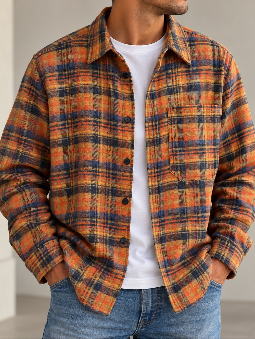 Zara Plaid Flannel Overshirt Men’s XL Orange Navy Mustard Shirt Jacket